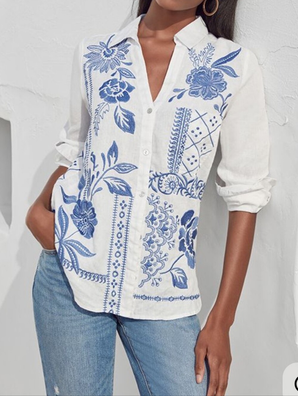 Johnny Was Lyra White Linen Shirt with Blue Floral Embroidery S - Picture 4 of 16